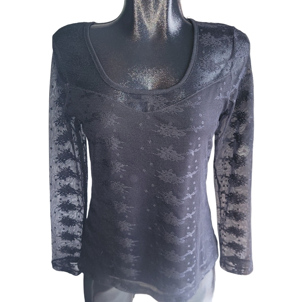 Dolcezza Black Mesh Floral Print Long Sleeve Top